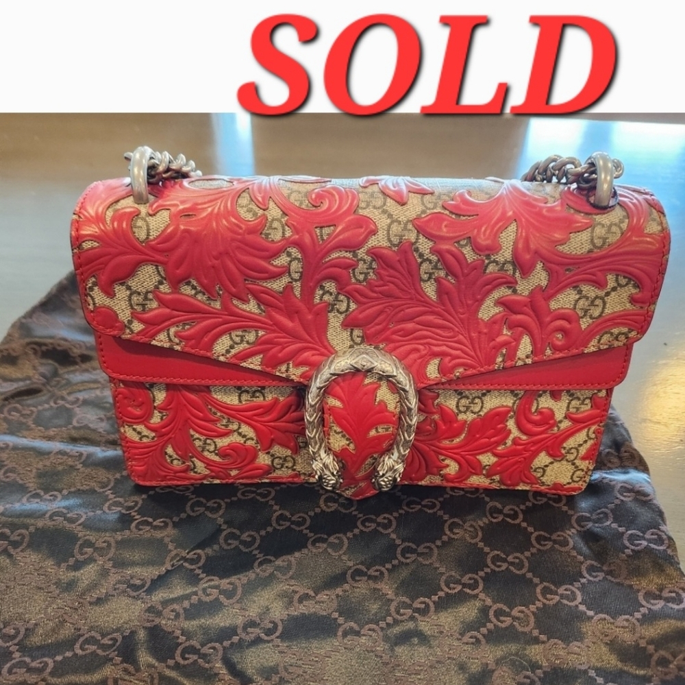 SOLD!!! GUCCI DIONYSUS ARABESQUE GG COATED BROWN & RED. MULTIPLE WAYS TO CARRY